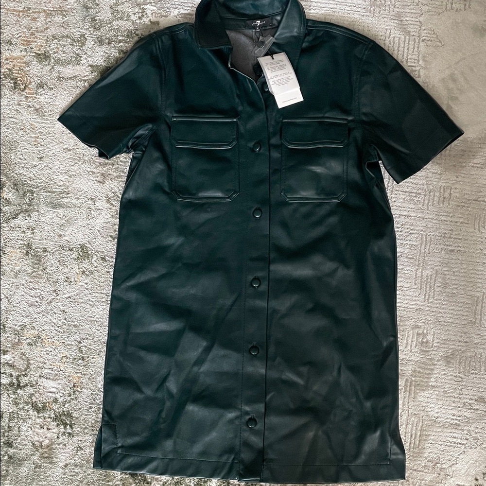 Short-Sleeve Faux Leather Utility dress - Dark Green